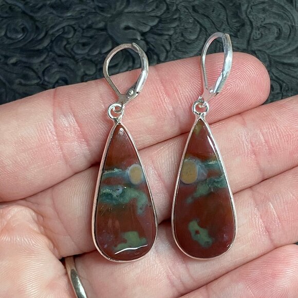 Unique Sunset Scene Heliotrope Bloodstone Earrings Crystal Gemstone Jewelry - Picture 1 of 6